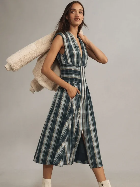 The Tommie Midi Dress Cap-sleeve Blue Plaid Zip-Front Pockets Anthropologie L - Picture 2 of 16